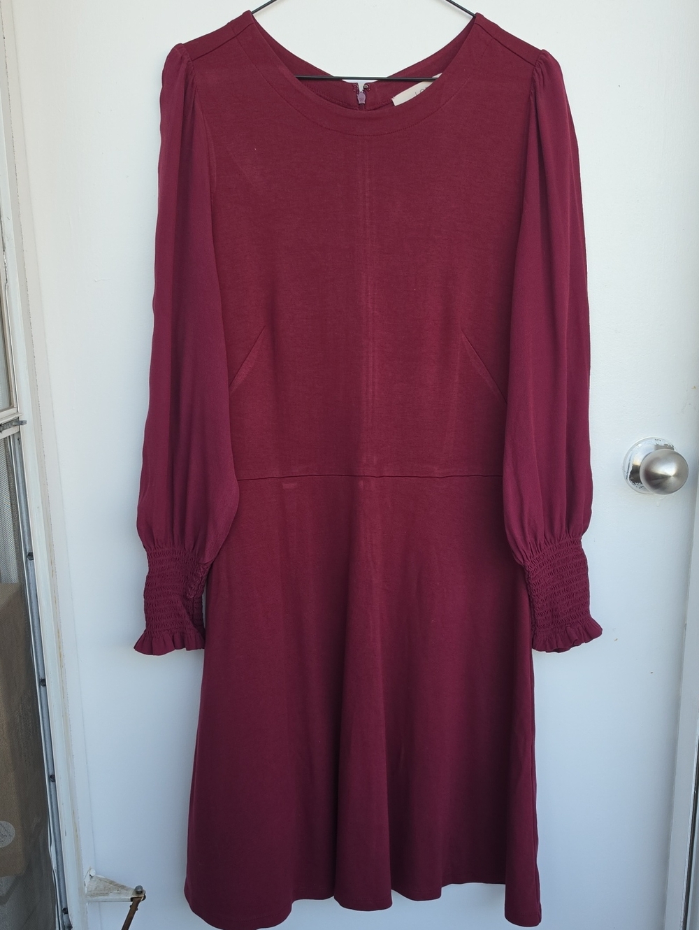 LOFT  Burgundy Long-Sleeve Smocked Cuff A-Line Dress,Sz.12